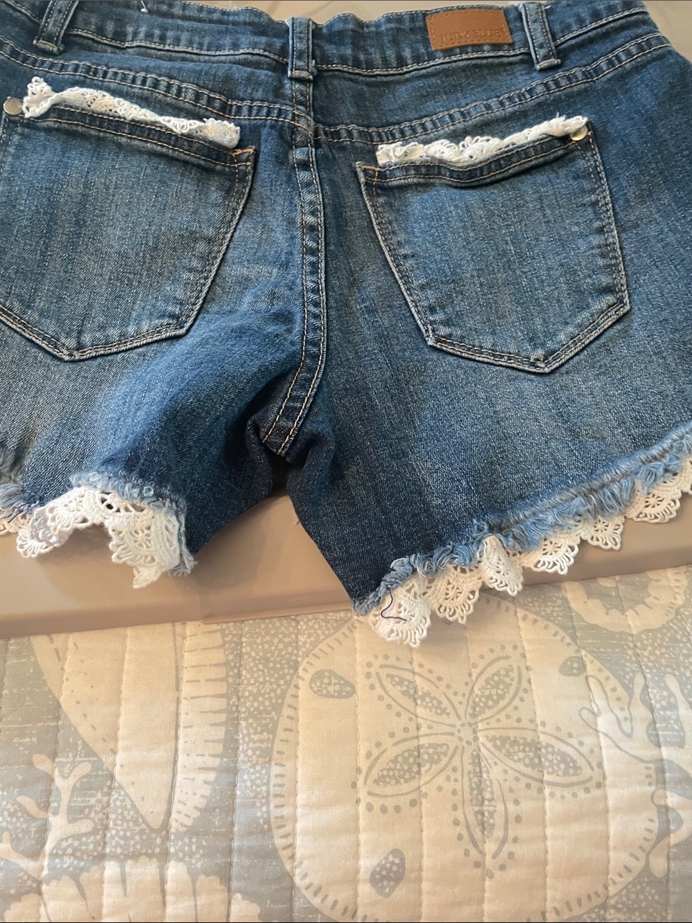 Judy Blue Dark Blue Denim Shorts with White Lace Trim - Picture 5 of 11